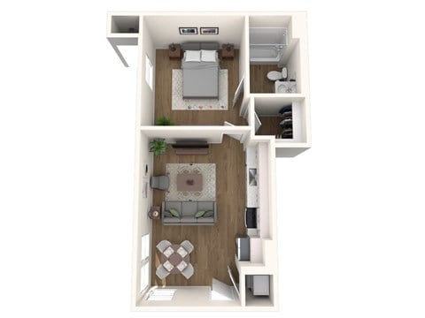 Floor plan for 1 bed, 1 bath, 614 sqft